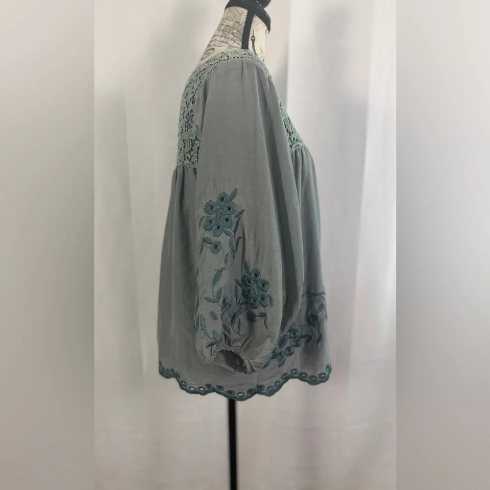 Hazel Sage Green Embroidered Crochet Lace Boho Peasant Blouse Top Size S